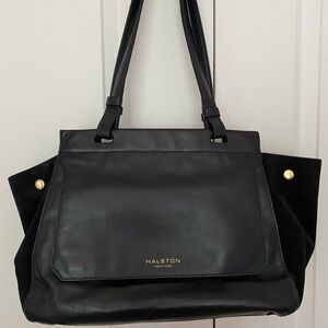 Halston Heritage Black Leather Winged Tote – Suede Sides & Gold Accents